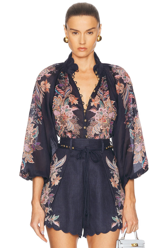 Navy Floral Print Shirt and Denim Shorts Set