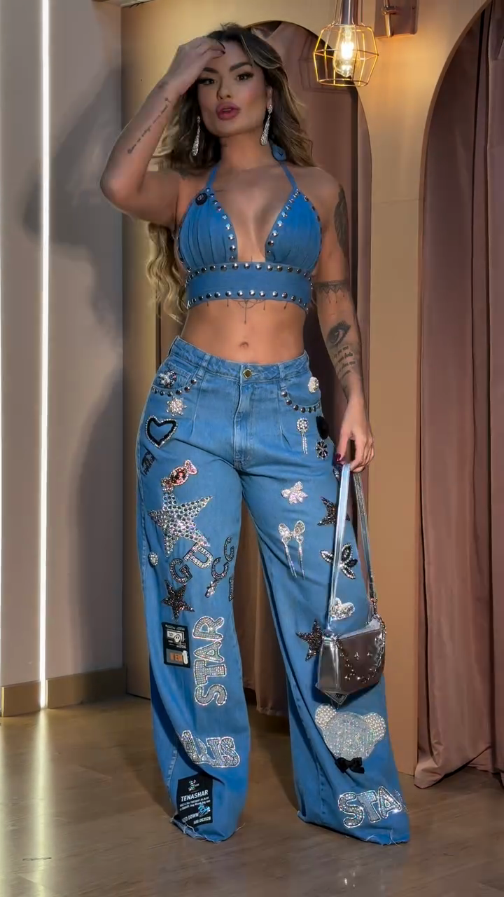Denim Suspender Top and Embellished Wide-Leg Pants Set