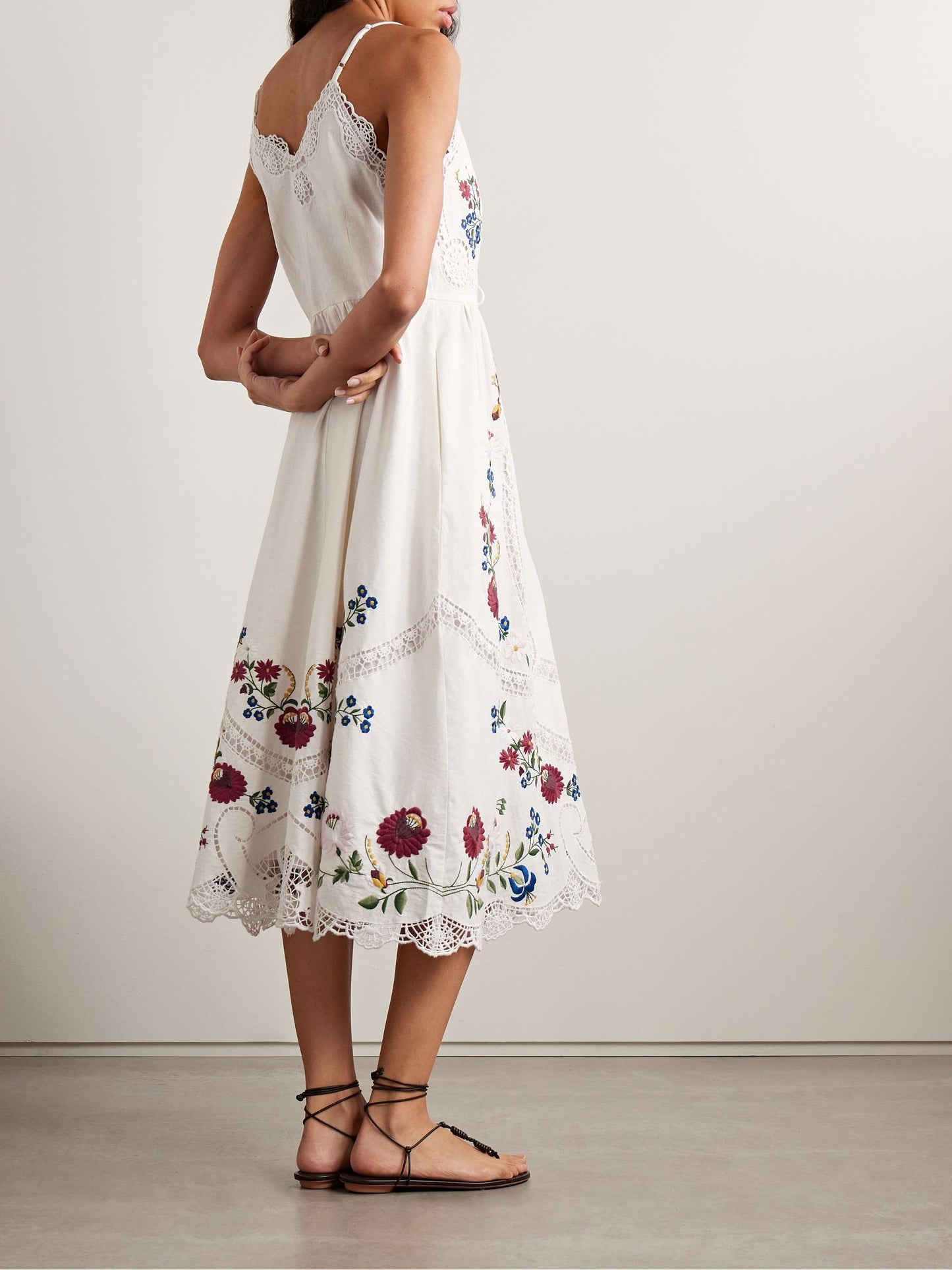 White Embroidered Lace - Up Midi Dress