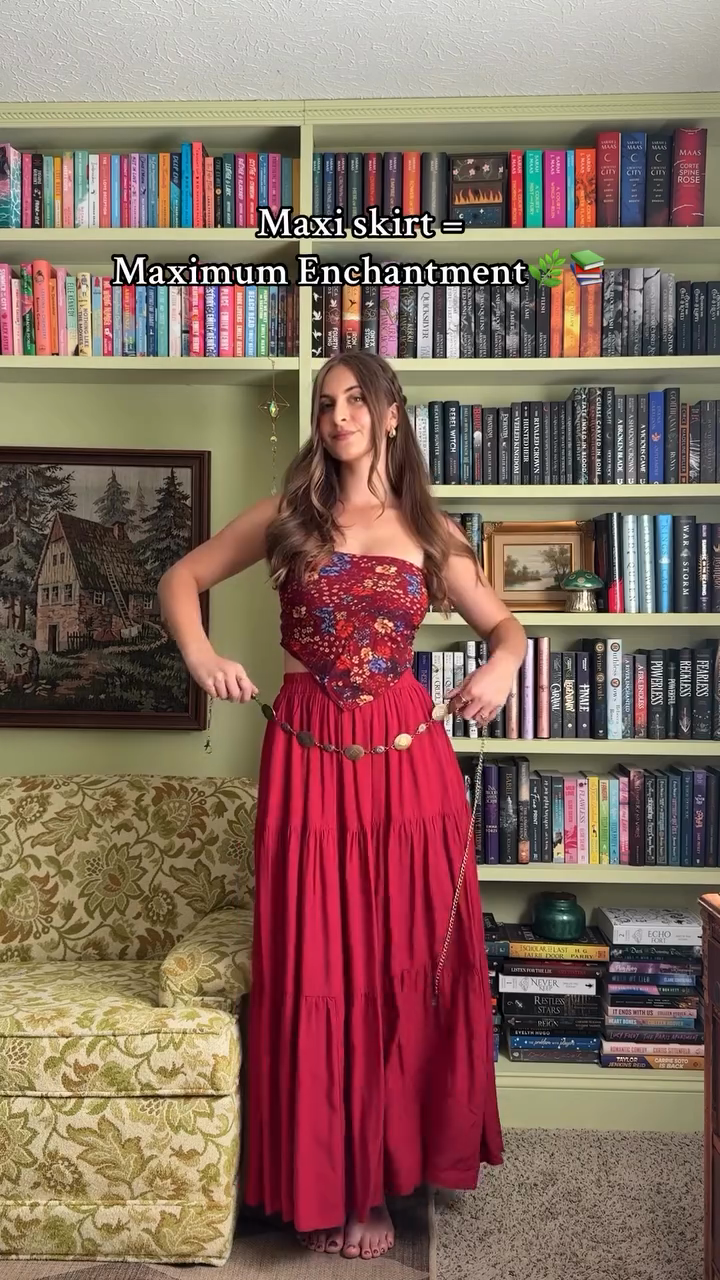 Red Boho - style Crop Top and Maxi Skirt Set