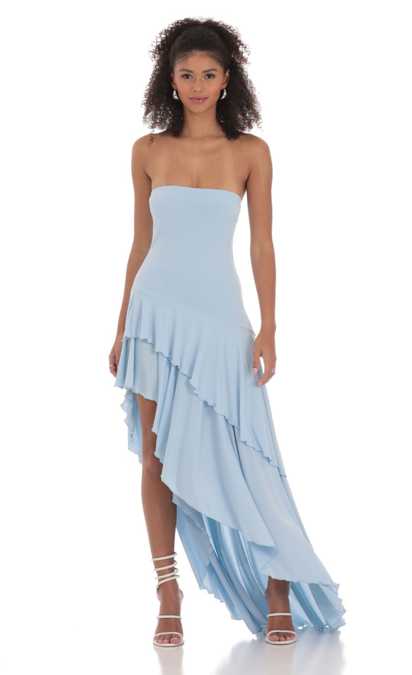 Strapless Ruffle Asymmetrical Maxi Dress