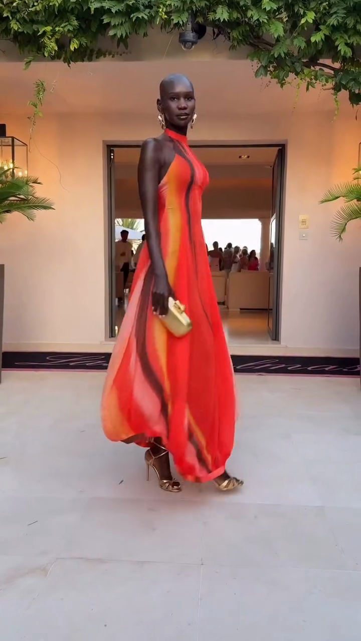 Red Halter Neck Maxi Dress with Abstract Print