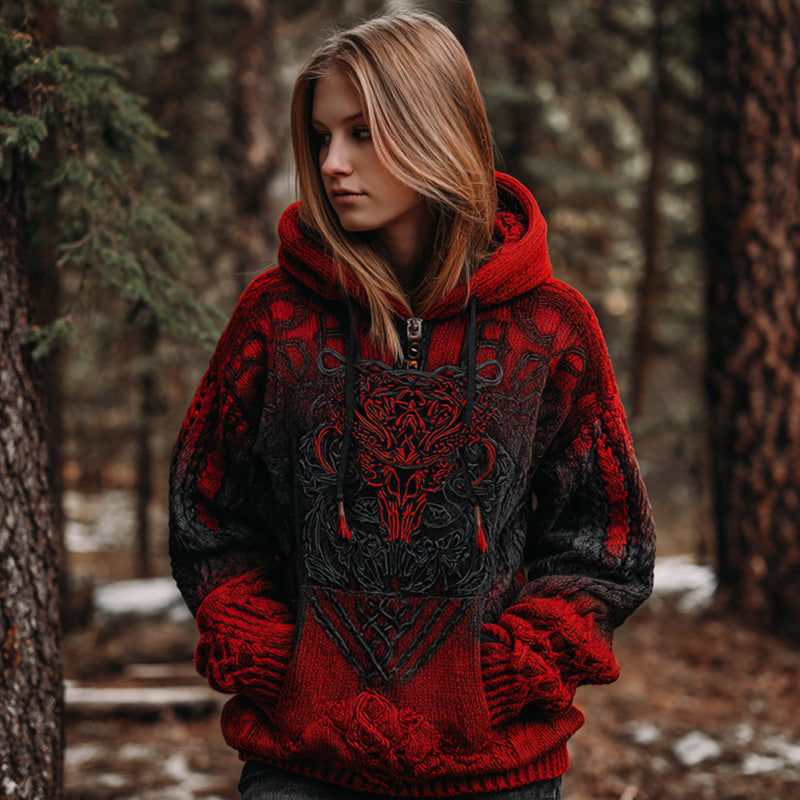 Women's Vintage Viking Tribal Celtic Skull Gradient Art Chunky Knit Hooded Sweater