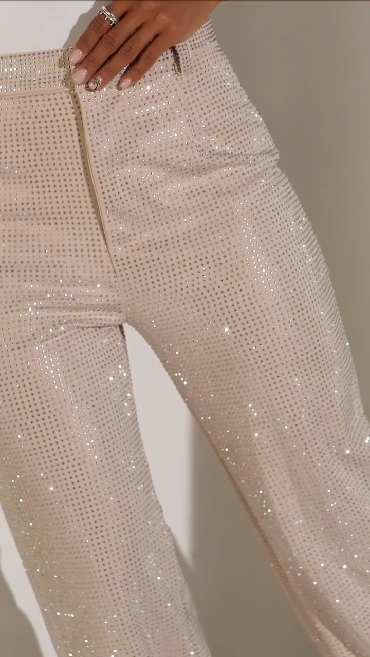 Beige Rhinestone - Embellished Wide - Leg Pants