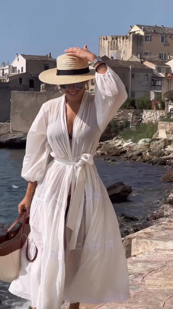 White Embroidered Maxi Dress with Belt