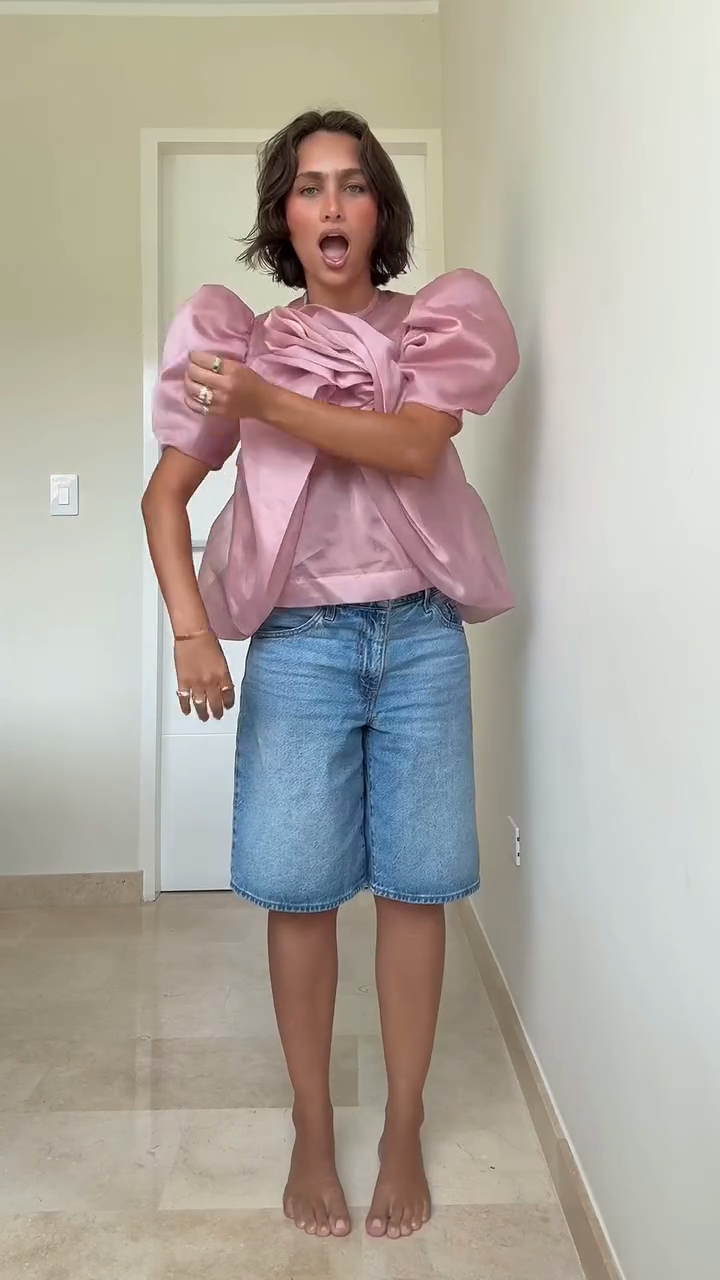 Pink Puff Sleeve Top and Denim Bermuda Shorts Set