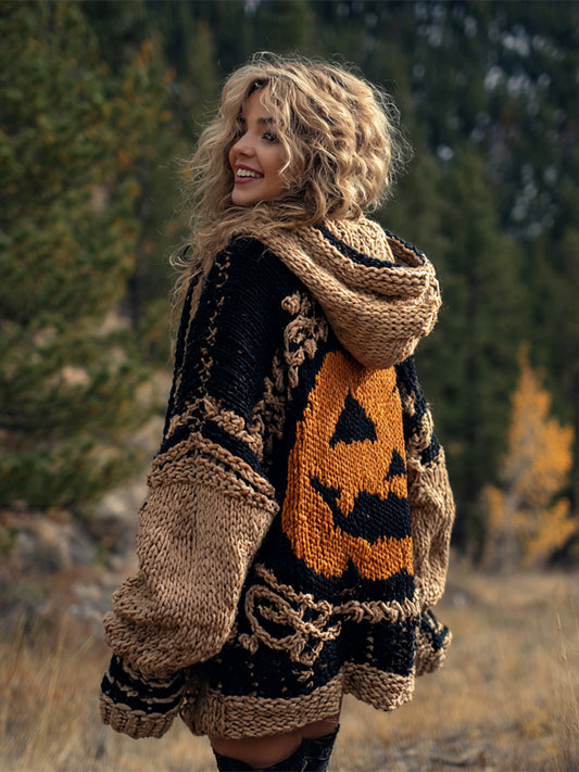 Halloween Spooky Pumpkin Lights Women's Chunky Knit Hooded Cardigan