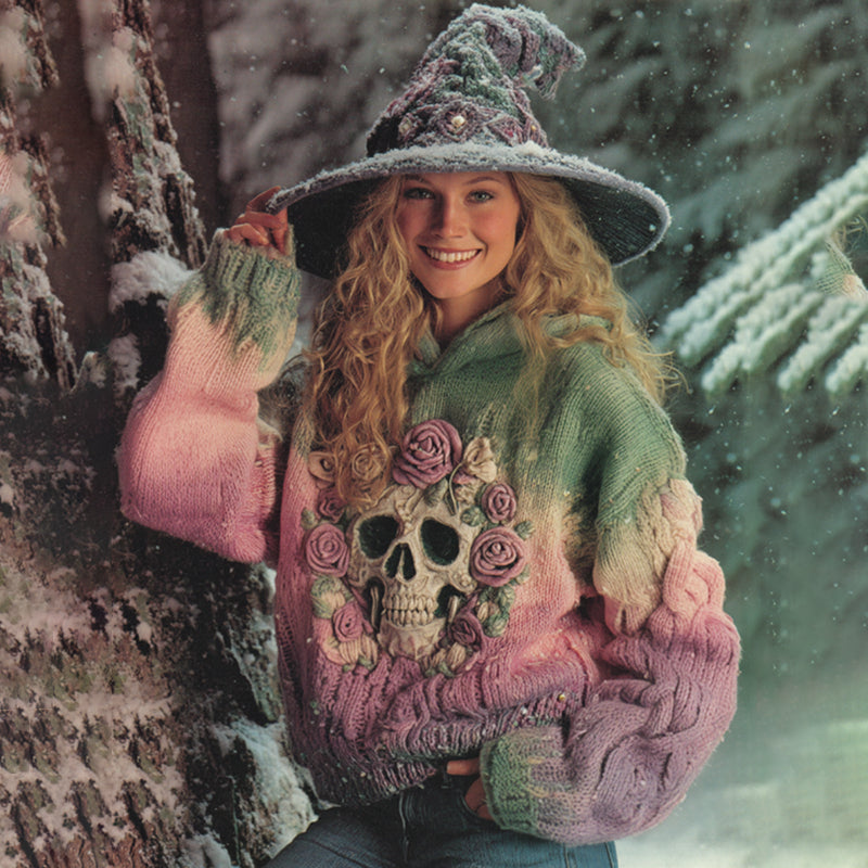Women's Gradient Rose And Skull Inspired Chunky Knit Hooded Sweater