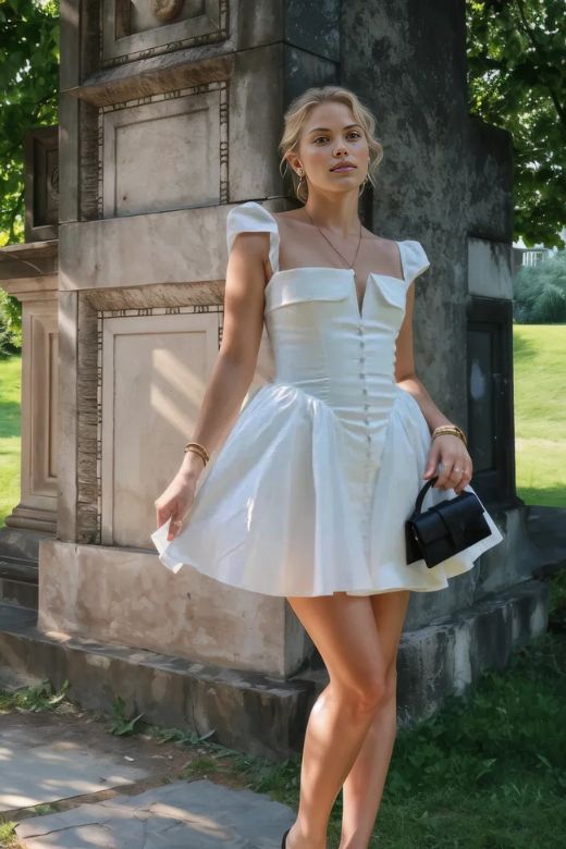 White Square - neck Mini Dress with Button - front Detail