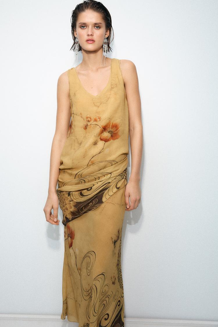 Yellow Floral Print Sleeveless Midi Dress