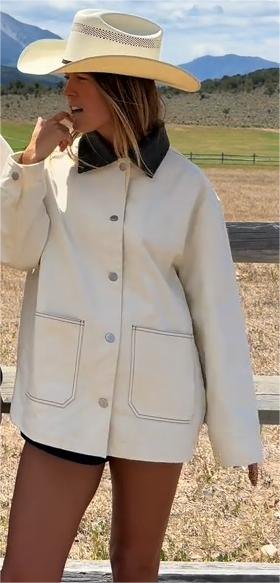 Cream Contrast Collar Button - Up Jacket