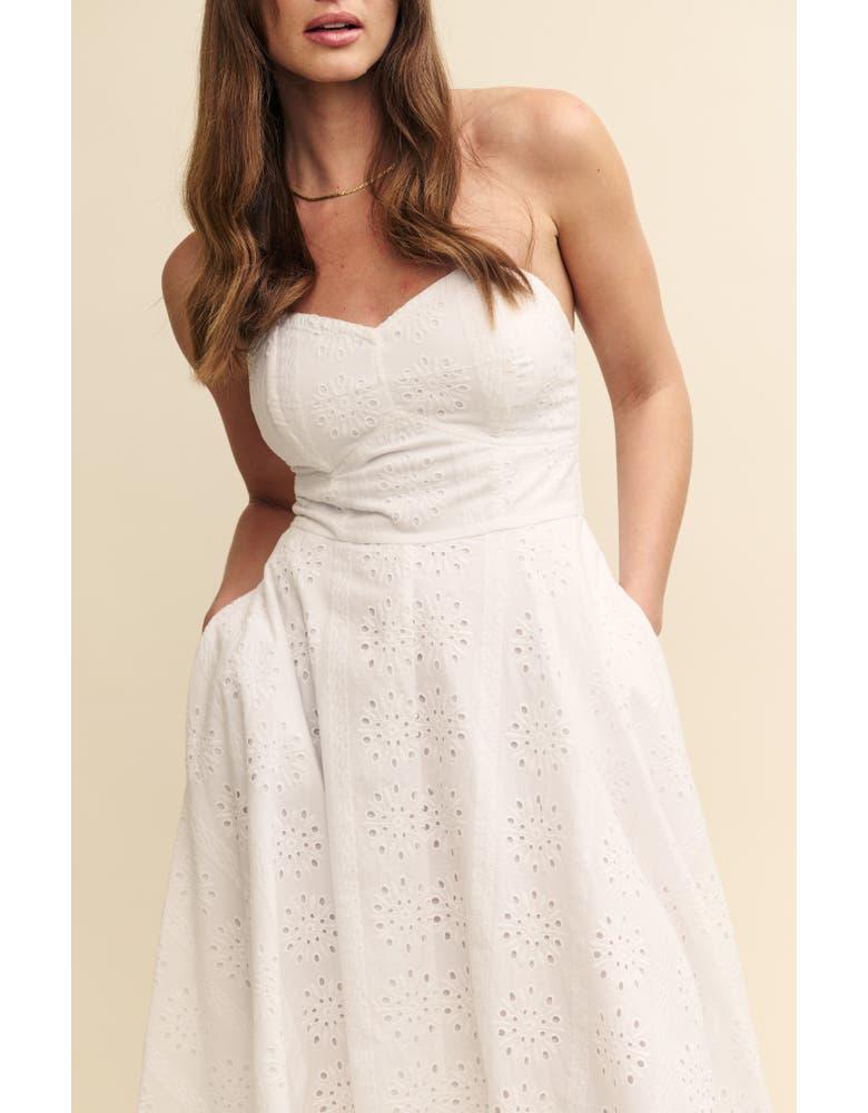White Eyelet Embroidered Strapless Midi Dress