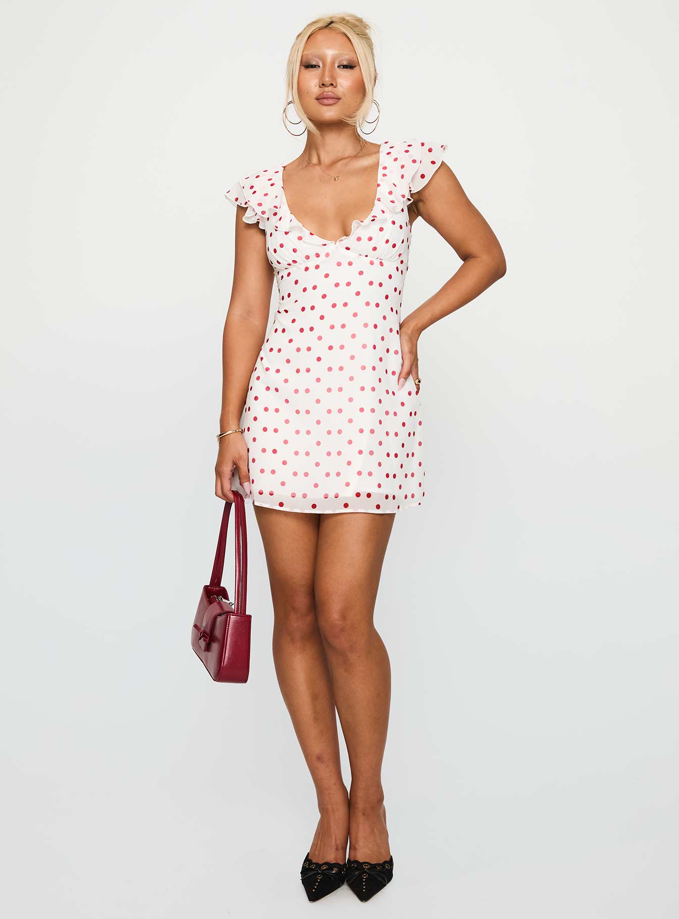 White Polka Dot Mini Dress with Ruffled Sleeves