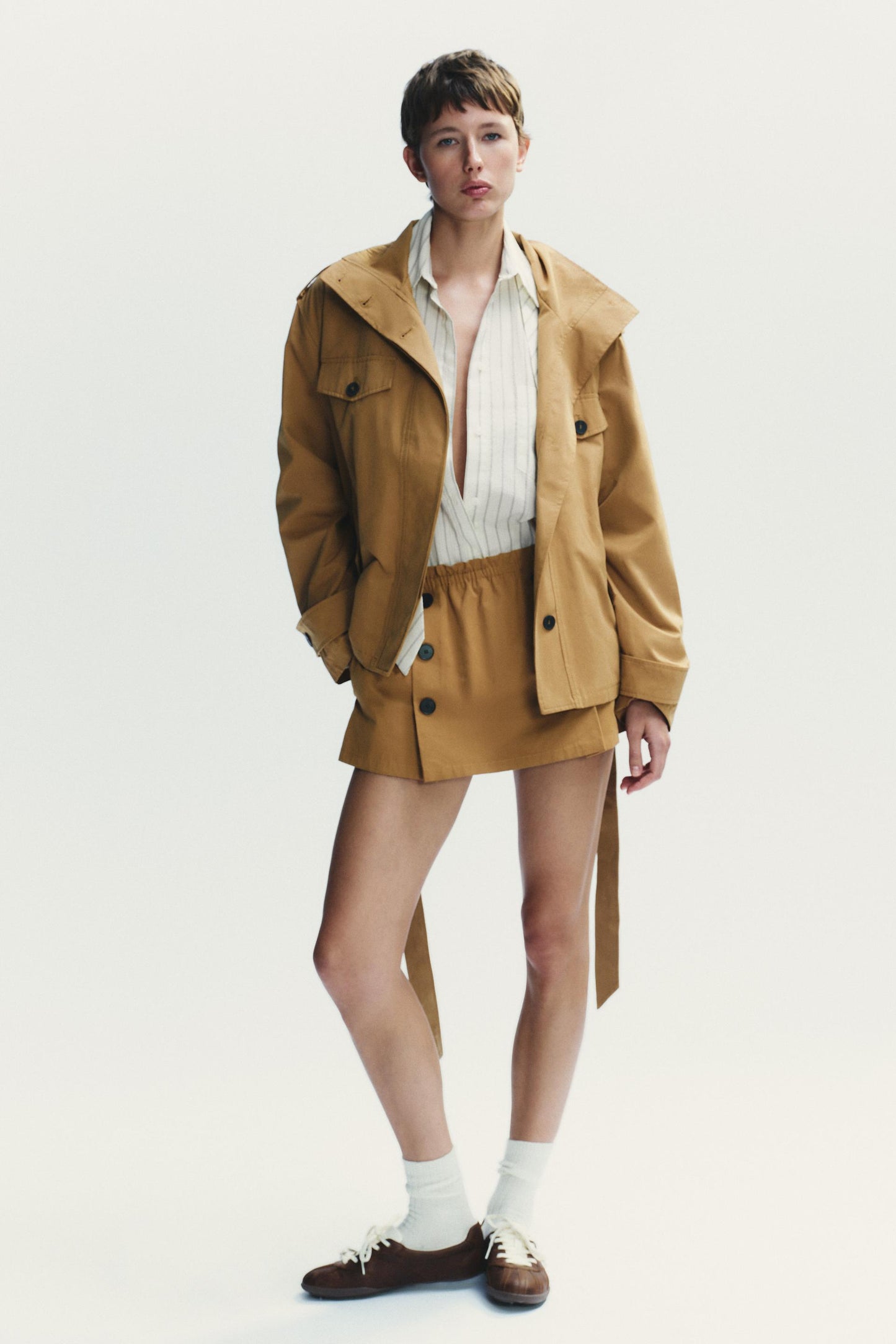 Camel - Colored Belted Trench Jacket