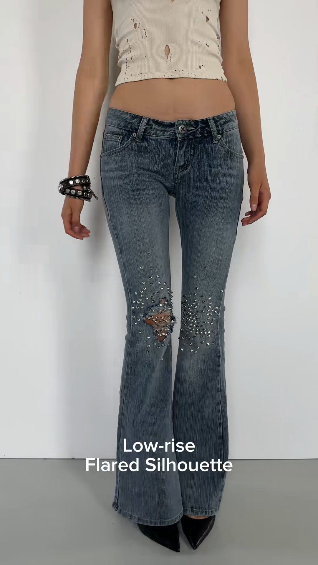 Low - Rise Flared Rhinestone - Embellished Jeans