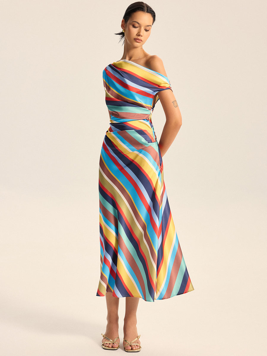 Multicolored Striped Off - the - Shoulder Midi Dress
