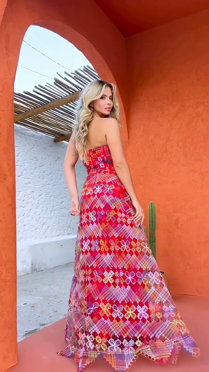 Red Embroidered Strapless Maxi Dress