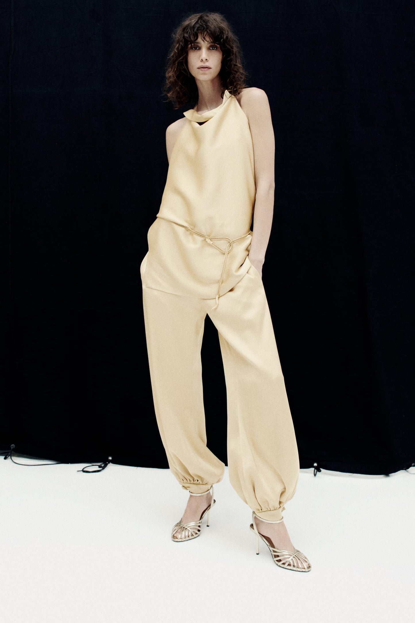 Beige Satin Halter Neck and Lantern Pants Set