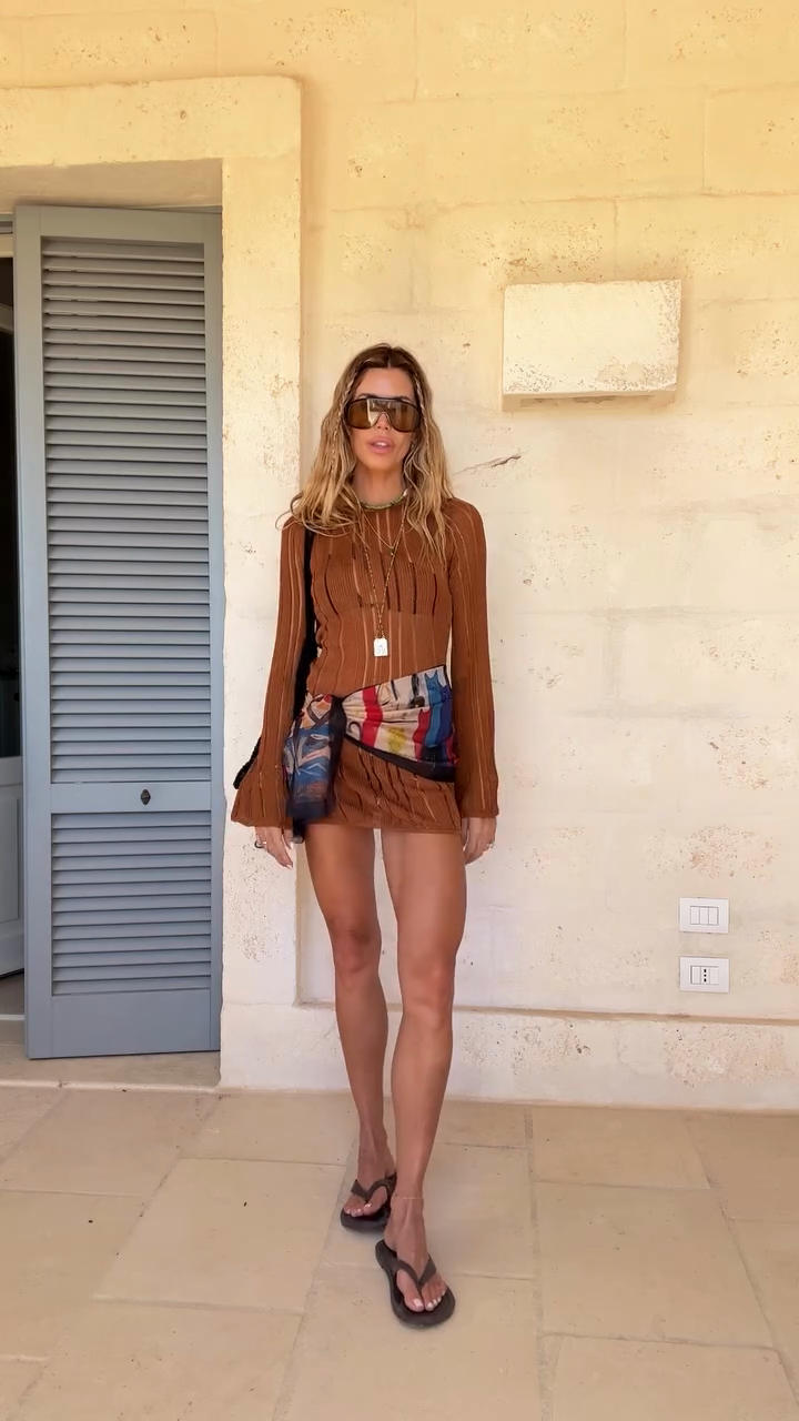 Brown Ribbed Long - sleeve Mini Dress