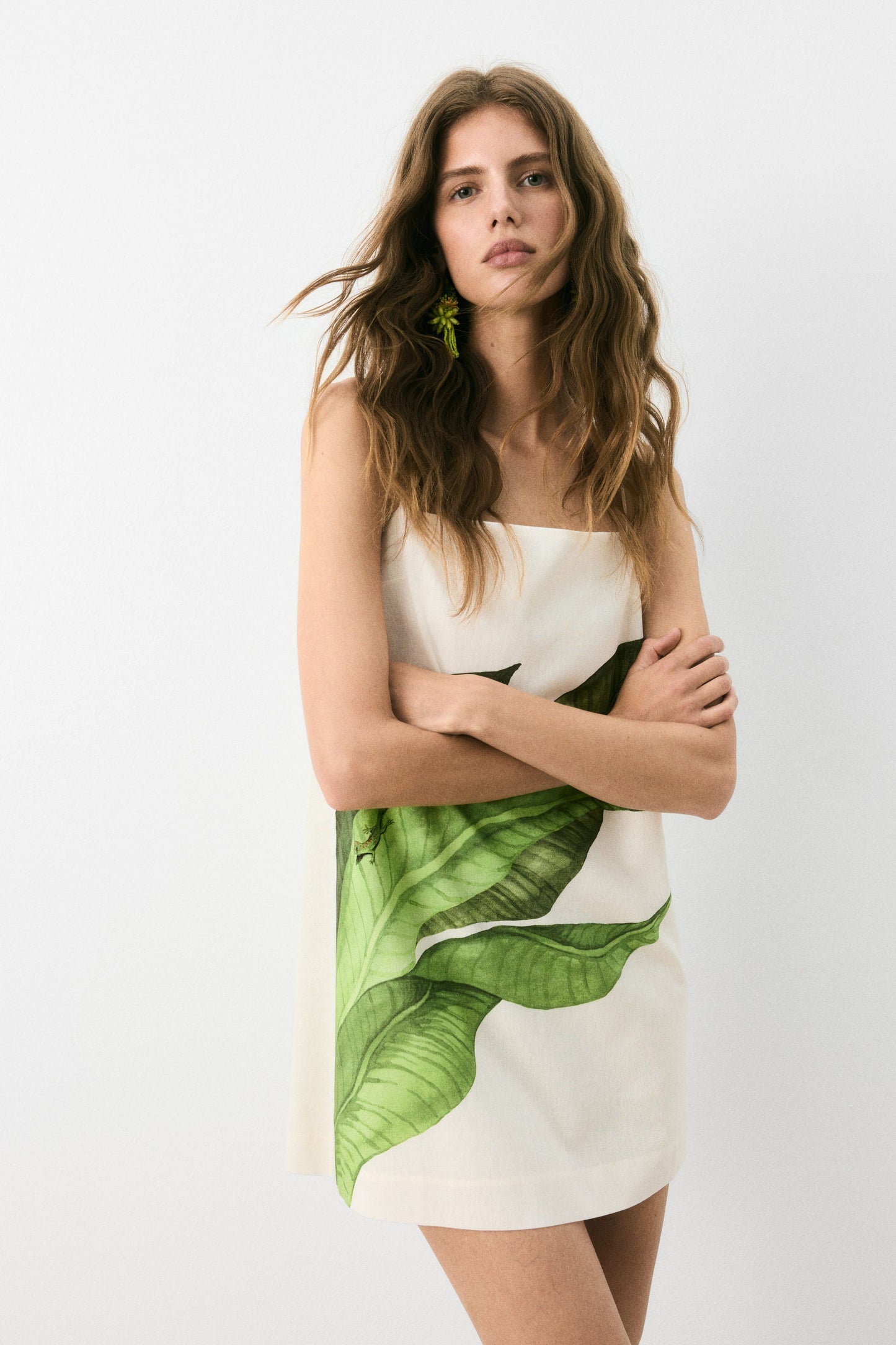 White Tropical Leaf Print Slip Dress