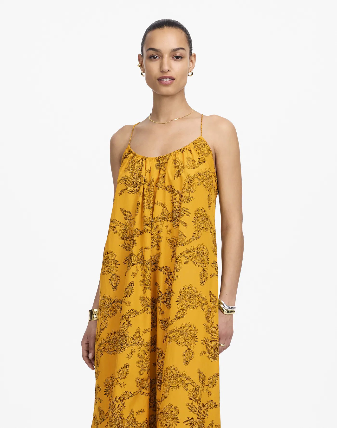 Yellow Floral Print Spaghetti Strap Maxi Dress