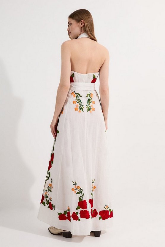 White Floral - Embroidered Halter Maxi Dress
