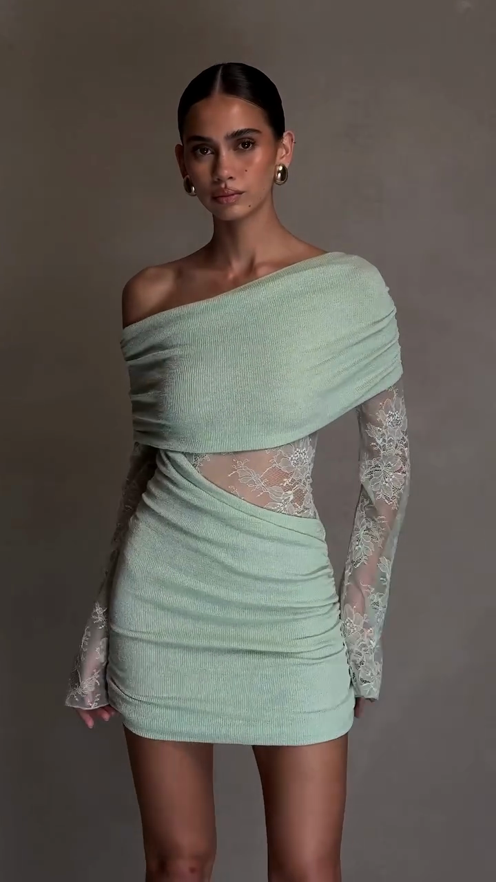 Mint Green One - Shoulder Mini Dress with Lace Sleeves
