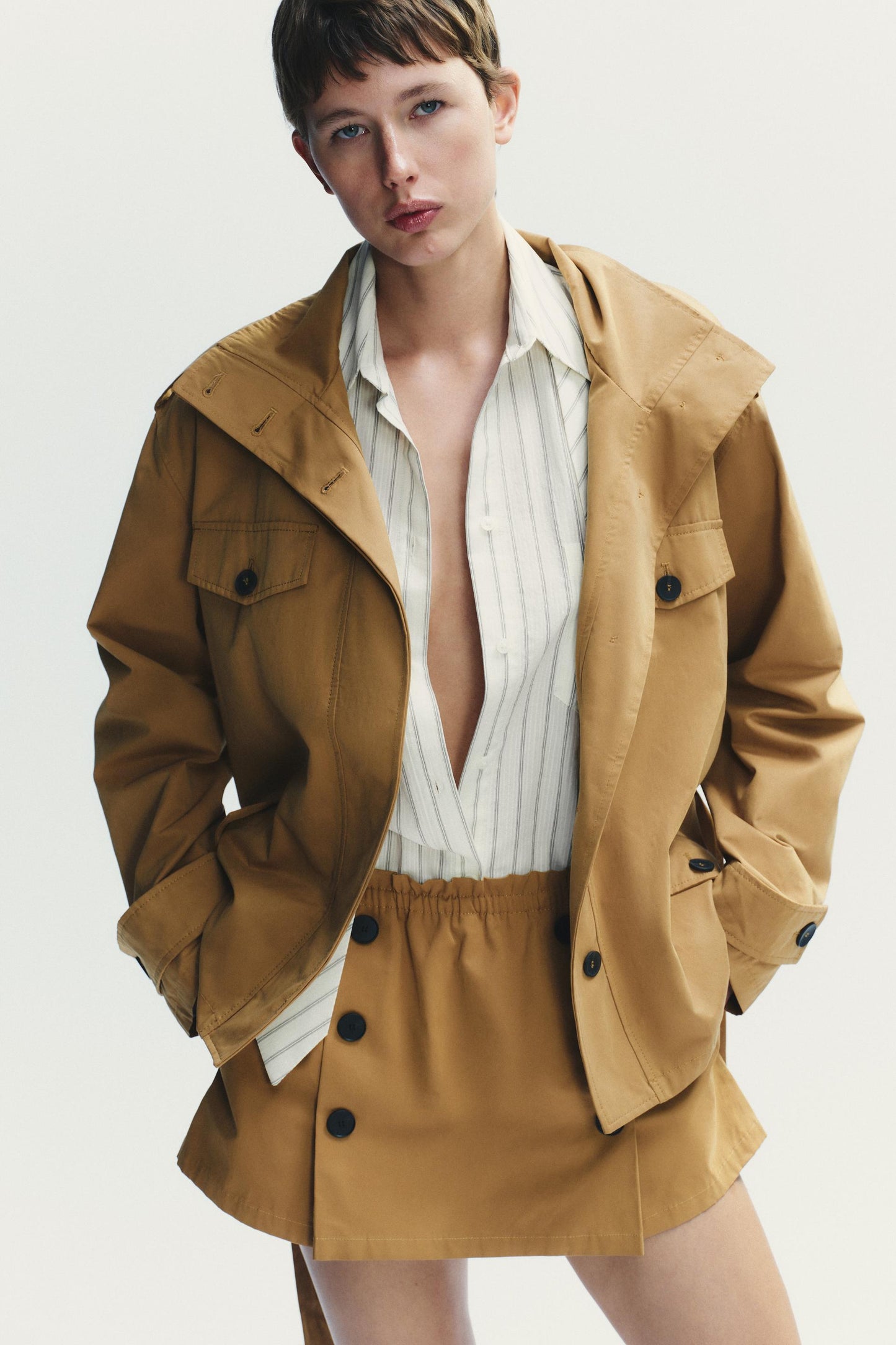 Camel - Colored Belted Trench Jacket