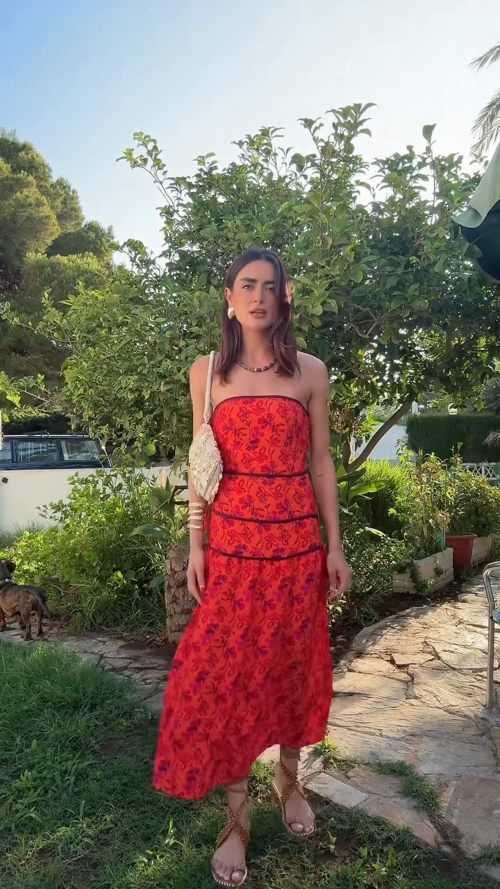 Red Floral - Printed Strapless Midi Dress