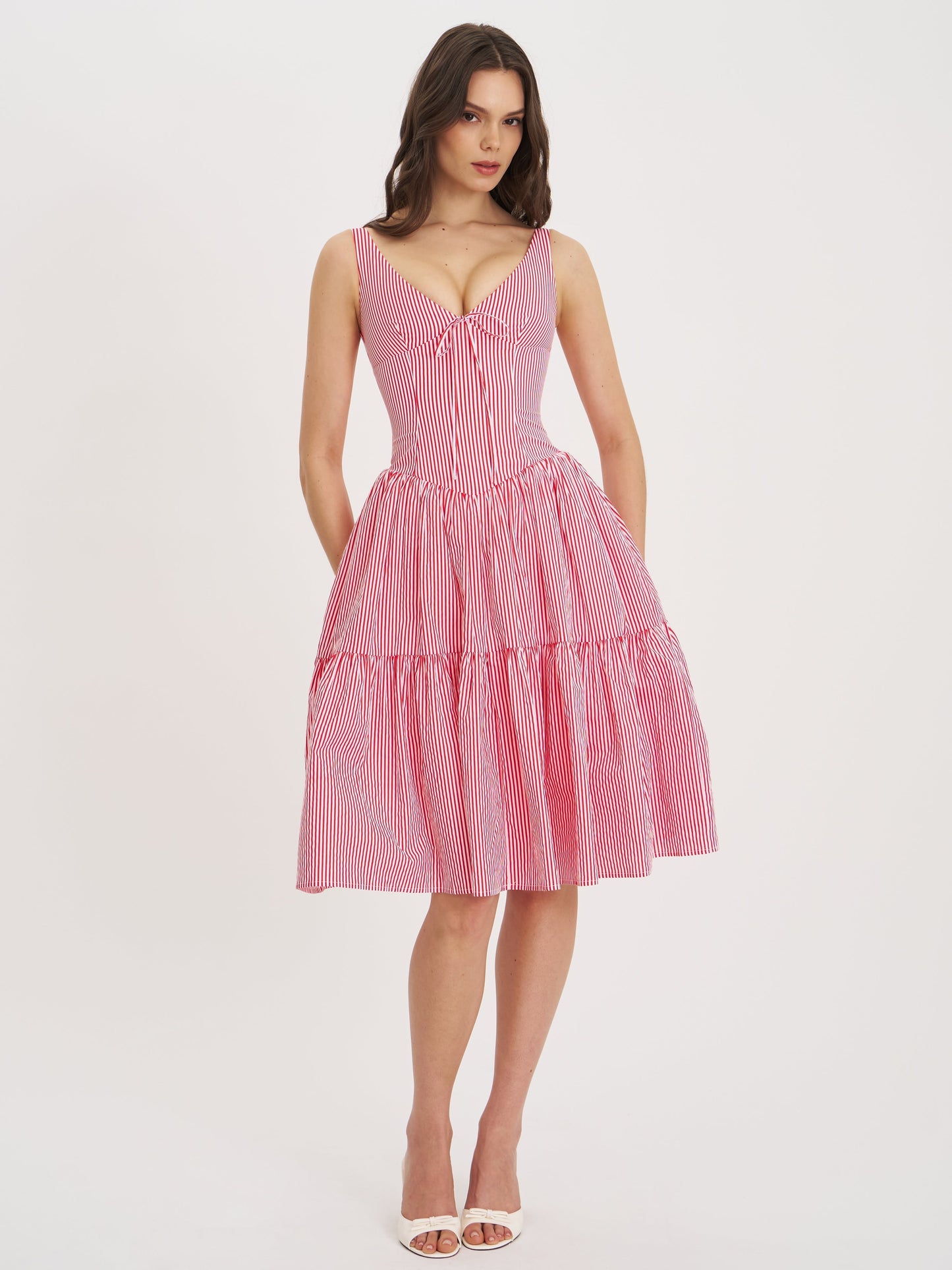 Pink and White Striped Corset Midi Dress