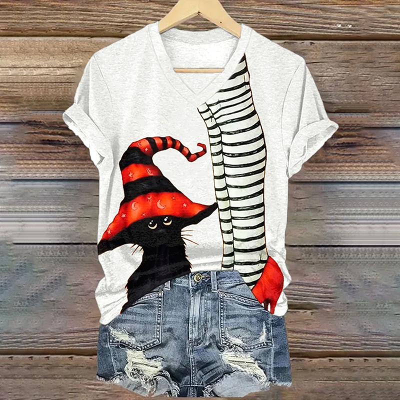 Classic Ruby Shoes Halloween Witch Legs With Cat Painting V-Neck T-Shirt