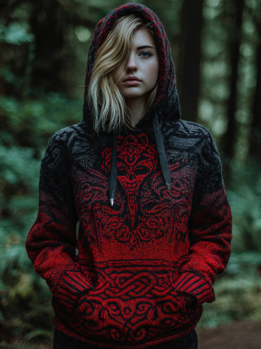Women's Vintage Viking Tribal Celtic Skull Gradient Art Chunky Knit Hooded Sweater