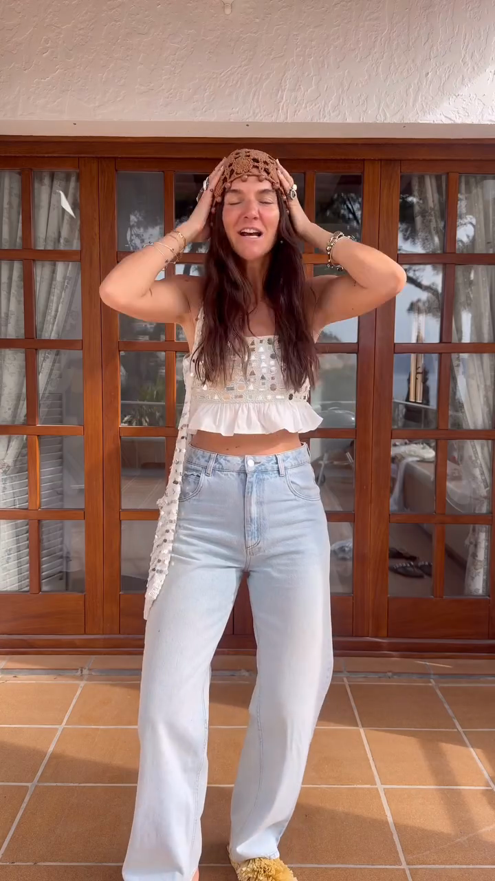 Embellished White Crop Top with Light - Blue Jeans Set