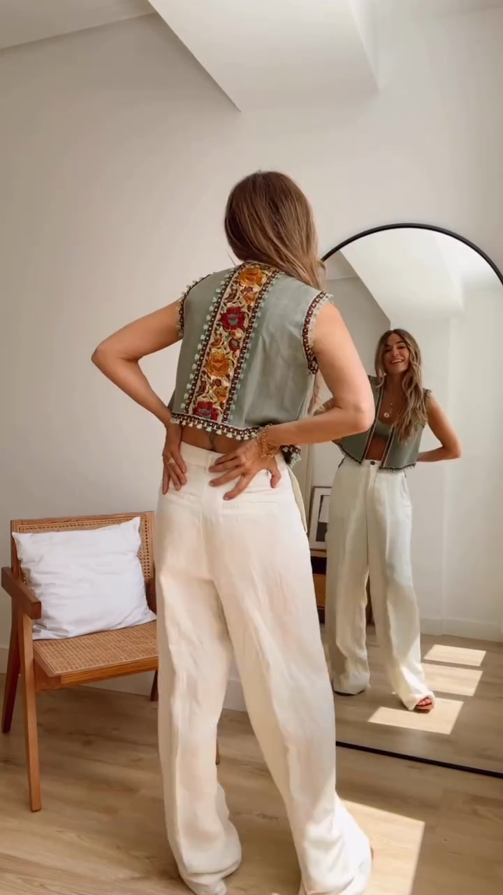 Light Green Embroidered Sleeveless Denim Vest