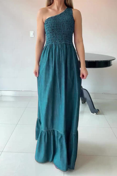 One - Shoulder Smocked Denim Maxi Dress