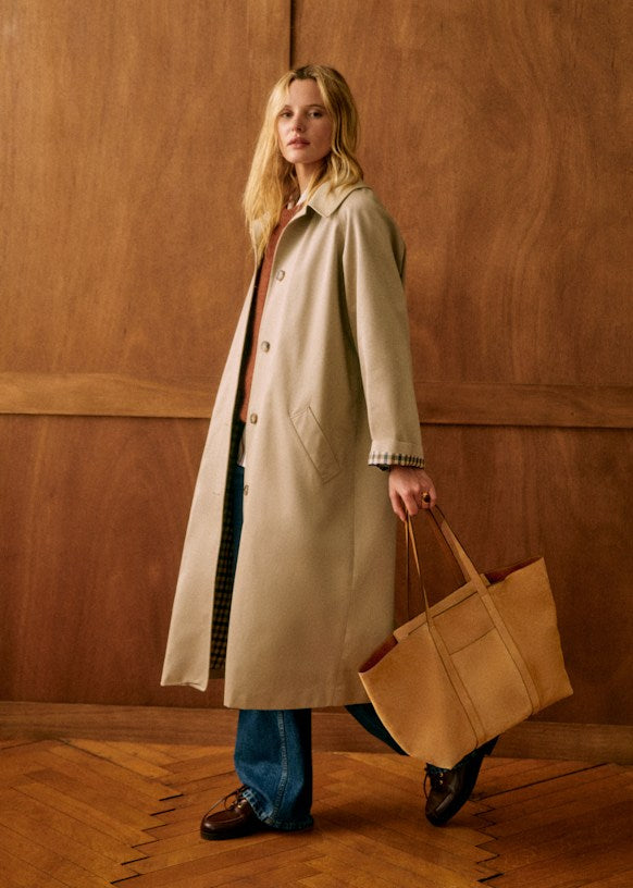 Beige Trench Coat with Checkered Cuff Detail