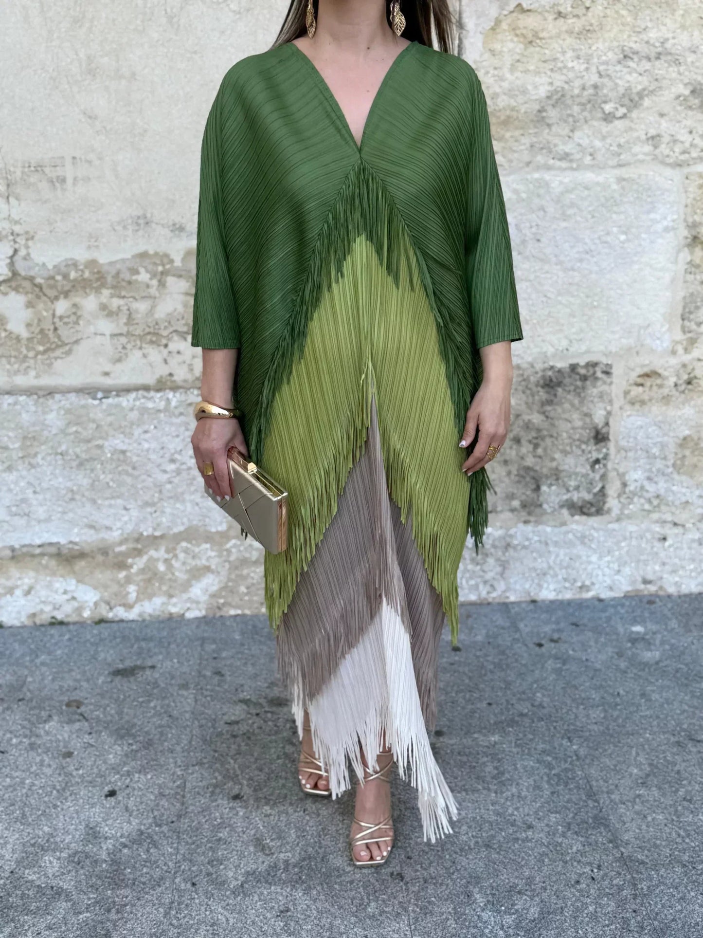 Olive Green Linen Cowl - Neck Dress