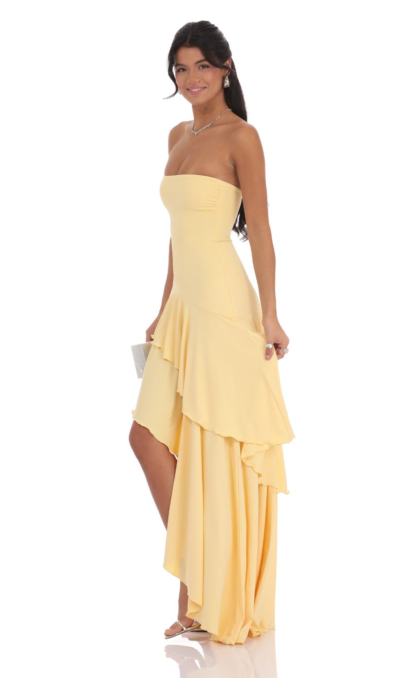 Strapless Ruffle Asymmetrical Maxi Dress