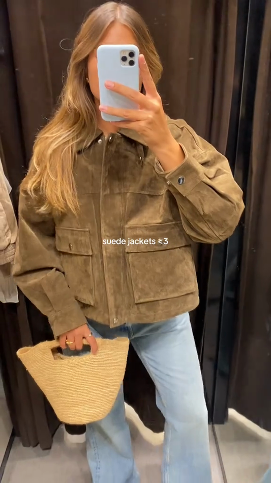 Khaki Suede Cropped Jacket with Flap Pockets