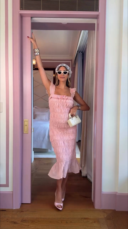 Pink Ruched Midi Dress with Ruffled Straps