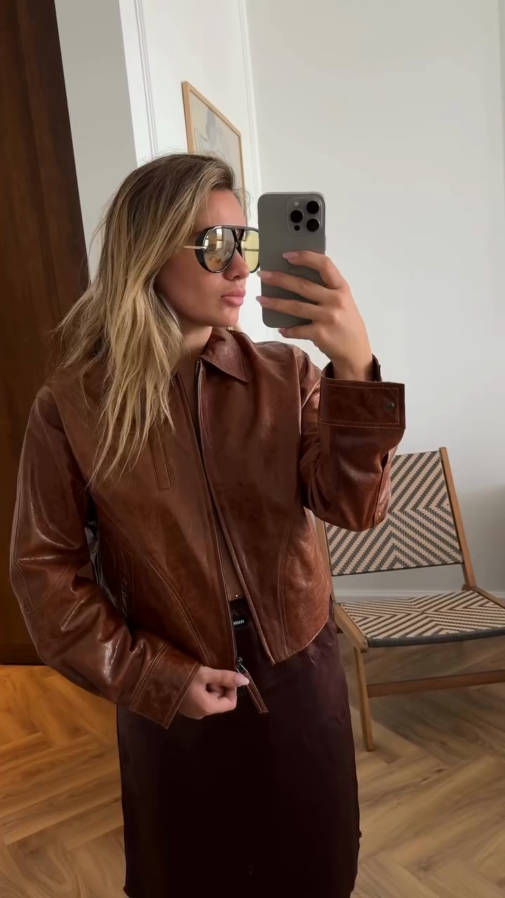 Brown Cropped Leather Jacket