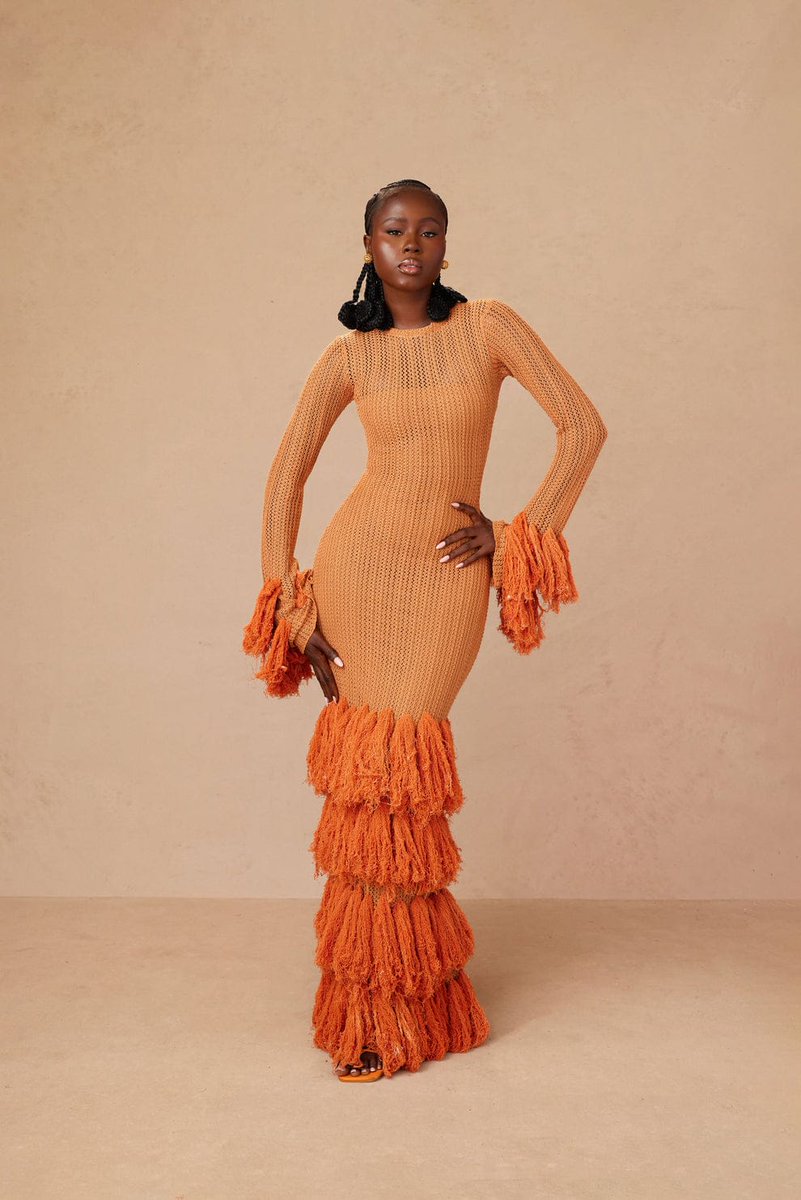 Rust - Colored Knit Fringe Dress