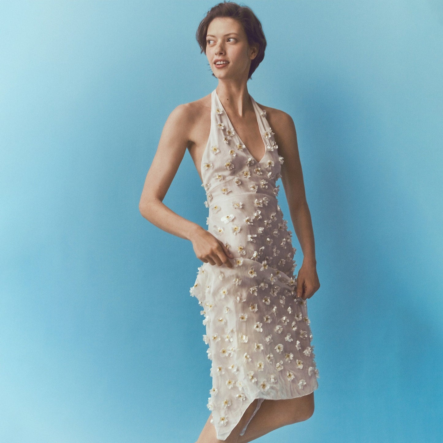White Halter Midi Dress with Daisy Embellishments