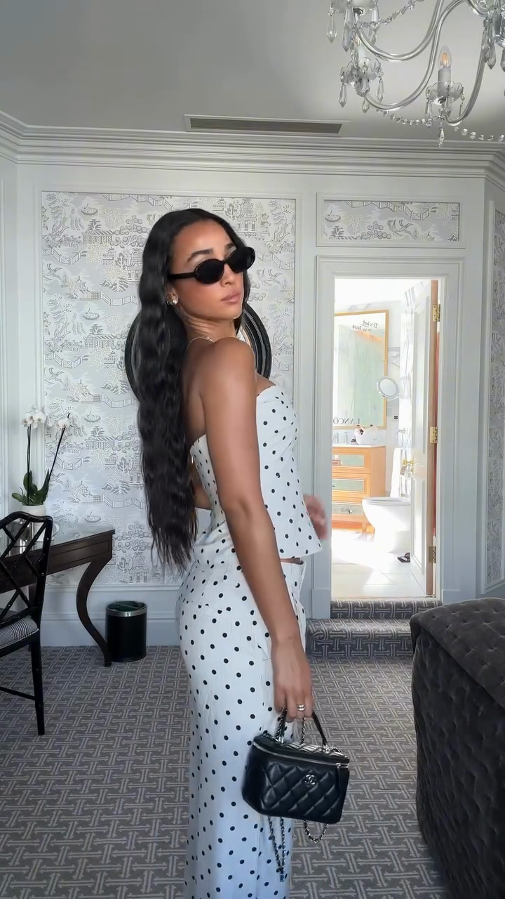 White and Black Polka Dot Strapless Top and Wide - leg Pants Set