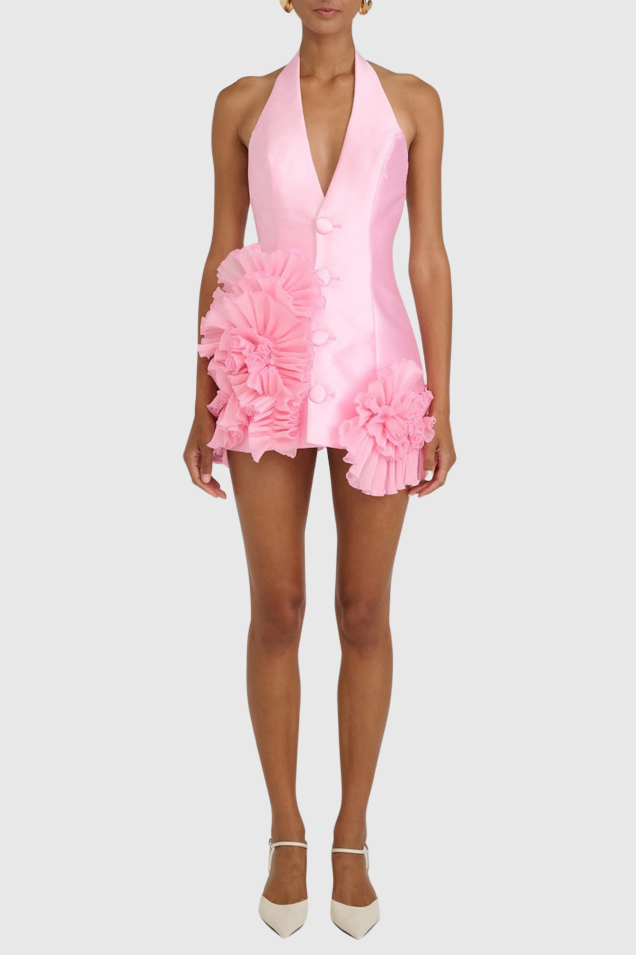 Pink Halter Neck Ruffled Mini Dress