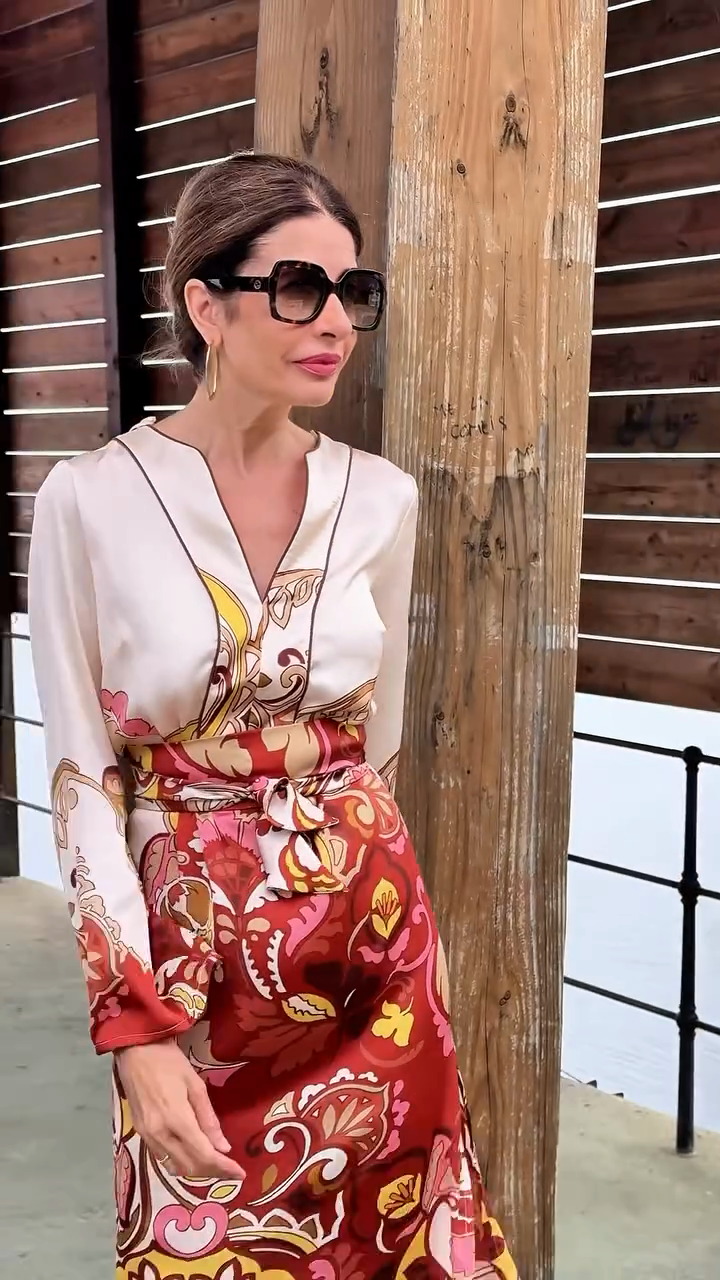 Printed Satin Midi Dress with Belt