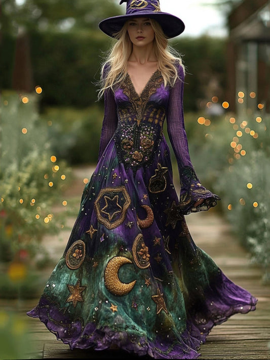 Women's Halloween Gradient Tarot Star And Moon Design Witch Maxi Dress