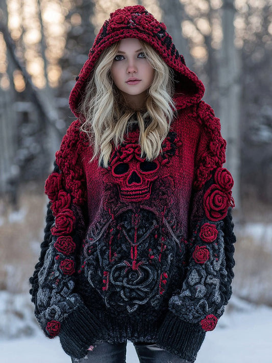 Women's Gothic Rose And Skull Inspired Jacquard Knit Hooded Sweater