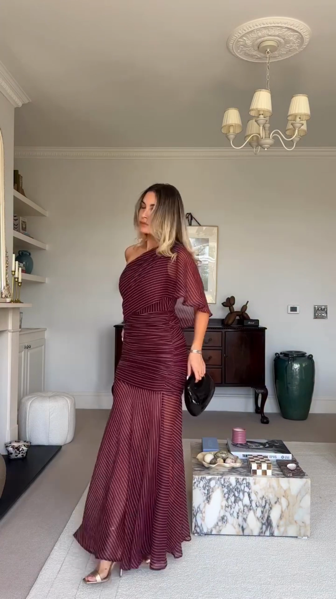 Burgundy Striped One - shoulder Maxi Dress