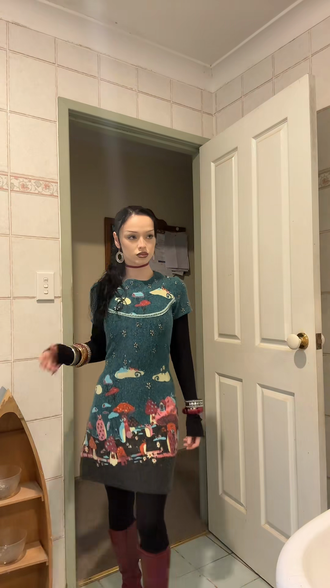 Teal Printed Knit Dress with Layered Styling